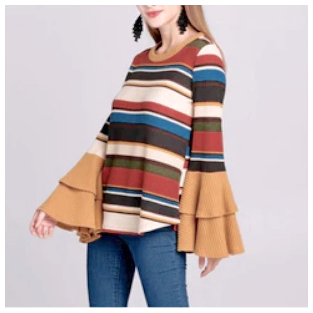 Boho Chic Color Block Multi Stripes Bell Layered Sleeves Top